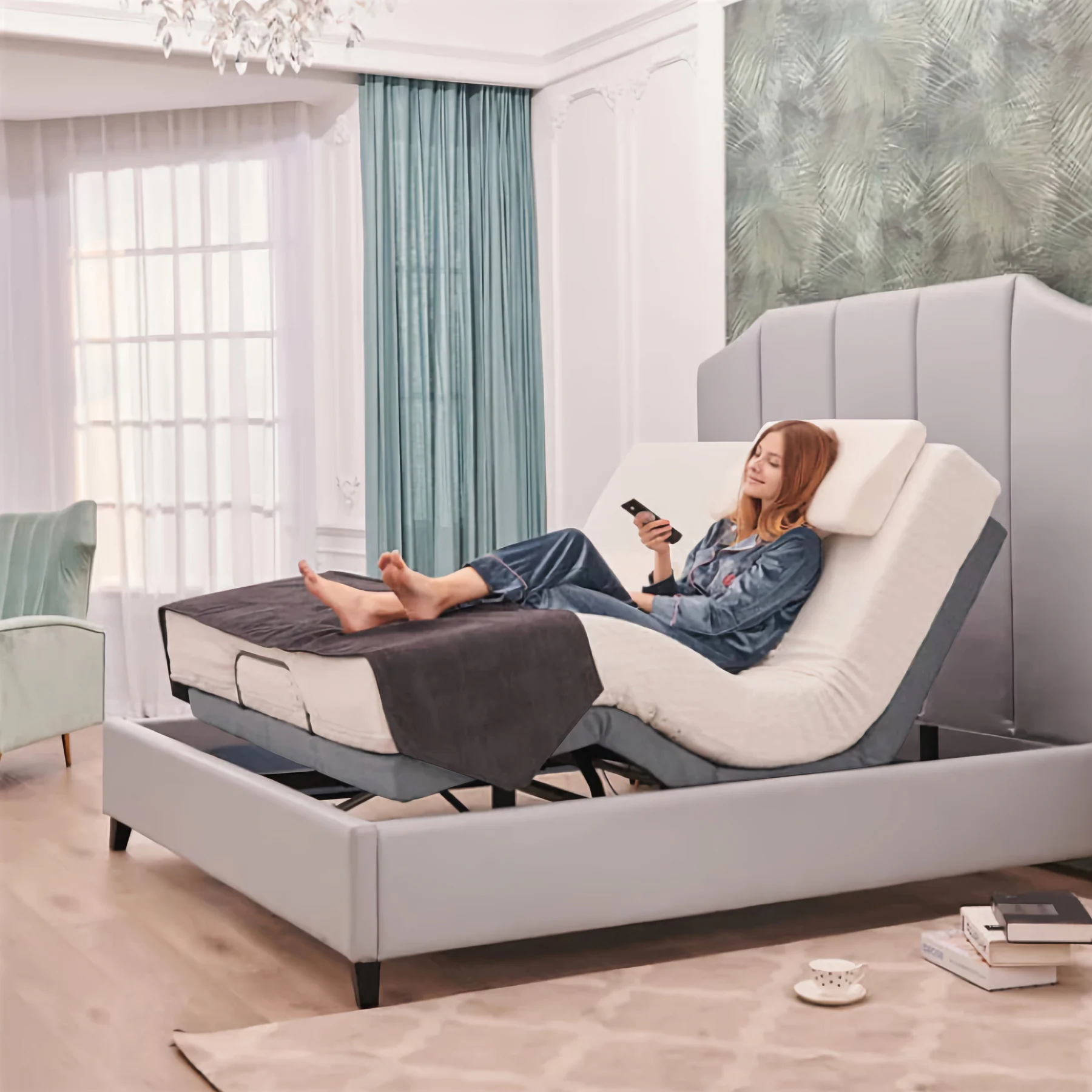 Relaxing on an adjustable bed with a wireless remote