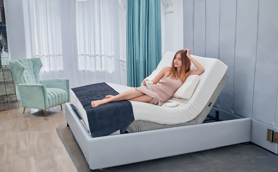Relaxing with a cup of tea on an elevated adjustable bed
